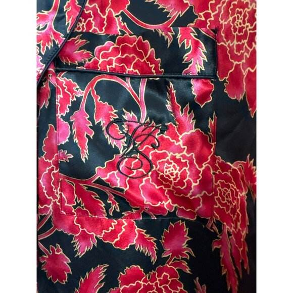 Vintage Victorias Secret 2-Piece Red Black Floral Satin Robe Chemise Large 80s - Picture 5 of 8